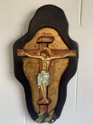 Croce dipinta con immagine a  rilievo cm. 65x35