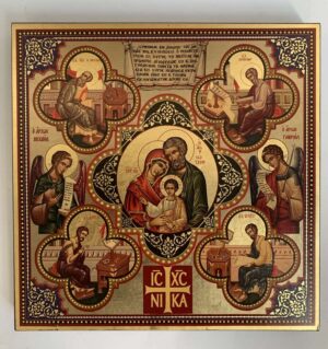 Icona Fiore della  Vita con serigrafia, Sacra  Famiglia con angeli ed  Evangelisti