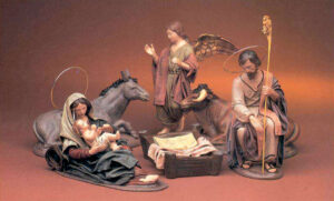 NATIVITÀ 6 PEZZI CON VERGINE SDRAIATA in terracotta con vestiti in tela  da cm. 28